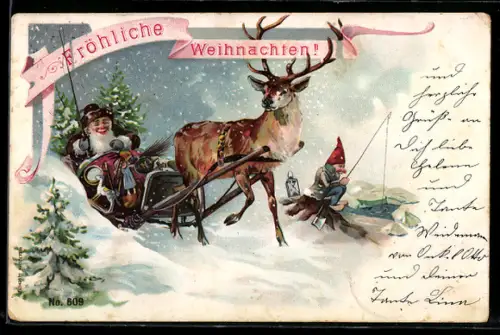 AK Weihnachtsmann auf Rentierschlitten und Zwerg, Weihnachtsgruss