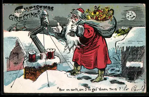 AK Weihnachtsmann mit Geschenkesack auf Hausdach, Weihnachtsgrüsse