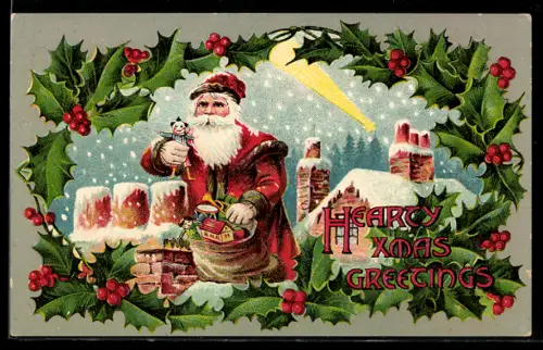 AK Weihnachtsmann wirft Geschenke in einen Schornstein