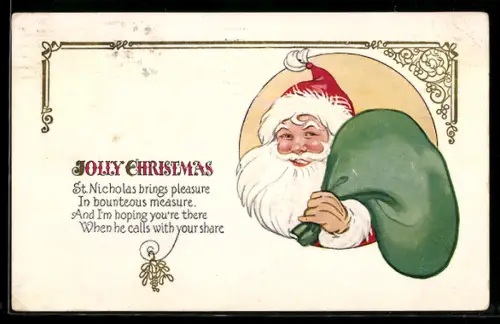 AK Weihnachtsmann mit Geschenkesack über der Schulter, Weihnachtsgrüsse