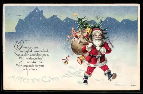 AK Weihnachtsmann mit Geschenkesack vor Stadtsilhouette