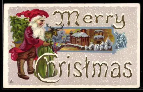 AK Weihnachtsmann und Reh vor einem Ort