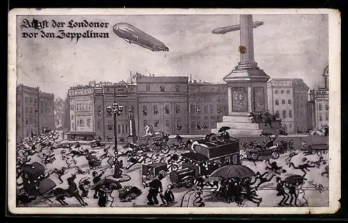 AK London, Bürger auf dem Trafalgar Square fliehen in Panik vor deutschem Zeppelin