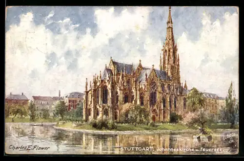 Künstler-AK Charles F. Flower: Stuttgart, Johanniskirche und Feuersee