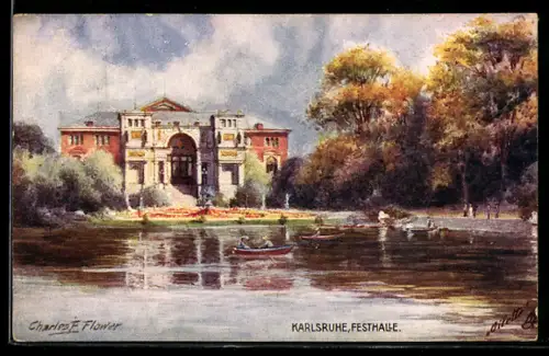 Künstler-AK Charles F. Flower: Karlsruhe, Festhalle, Restaurant und Bootspartie