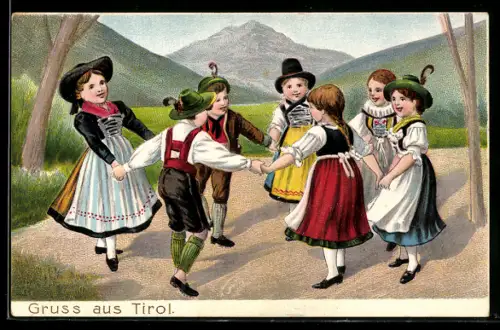 Lithographie Tirol, Kinder bei Volkstanz