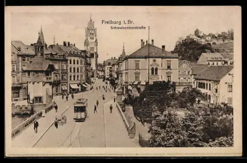 AK Freiburg, Strassenbahn auf der Schwabentorstrasse