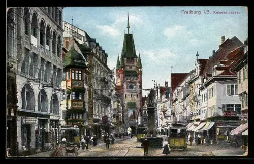 AK Freiburg, Strassenbahn befährt Kaiserstrasse, Apotheke, Zum Fahnenberg