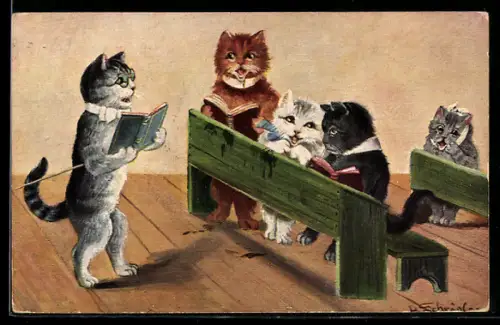 Künstler-AK Vermenschlichte Katzen beim Unterricht