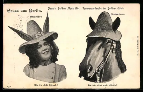AK Berlin, Neueste Berliner Mode 1901, Frau und Pferd mit Hut