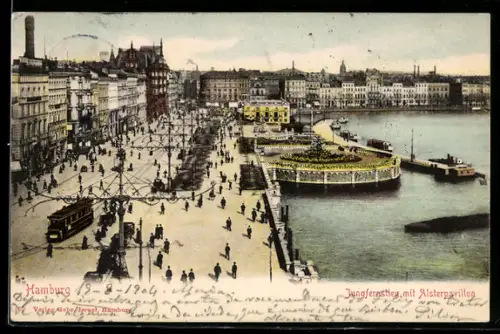 AK Hamburg-Neustadt, Jungfernstieg mit Alsterpavillon und Strassenbahn