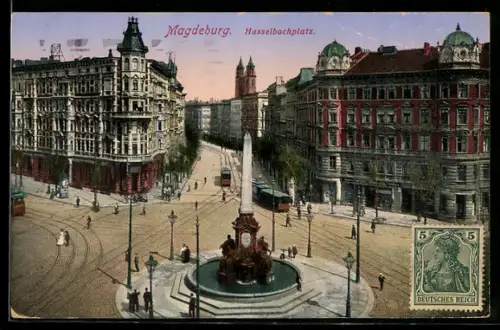Künstler-AK Magdeburg, Hasselbachplatz mit Strassenbahnen