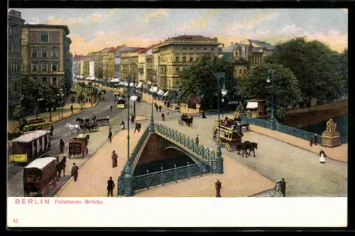 AK Berlin-Tiergarten, Strassenbahnen auf der Potsdamer Brücke, Pferdekutsche