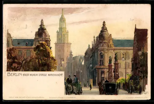 Künstler-AK Heinrich Kley: Berlin, Kaiser Wilhelm Strasse mit Marienkirche