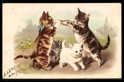 Künstler-AK Katzen bilden ein Tor, unter dem Kätzchen hindurchlaufen