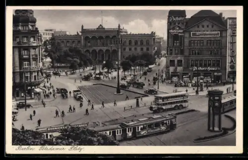 AK Berlin, Potsdamer Platz mit dem Pschorr-Haus, Gasthof, Strassenbahn