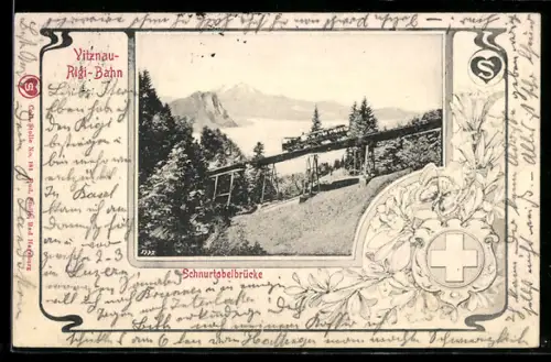 AK Vitznau, Rigi-Bahn auf der Schnurtobelbrücke, Wappen, Blume und Schmetterling
