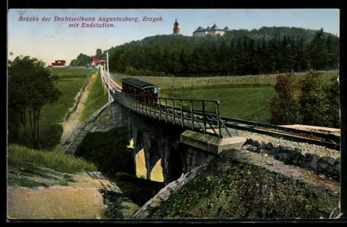 AK Augustusburg, Brücke der Drahtseilbahn, Motiv mit Endstation