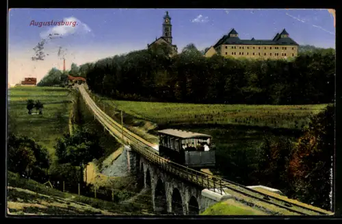 AK Augustusburg, Bergbahn auf dem Weg zum Schloss