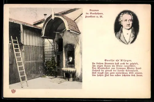 AK Frankfurt /Main, Brunnen im Goethehaus und Goethebildnis