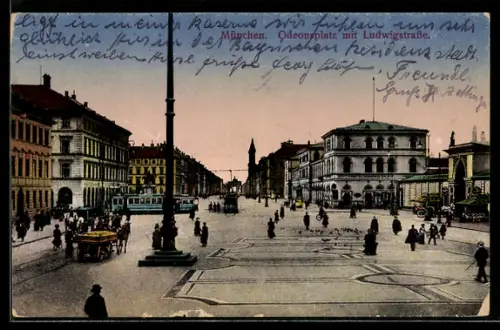 AK München, Odeonsplatz mit Ludwigstrasse, Strassenbahn