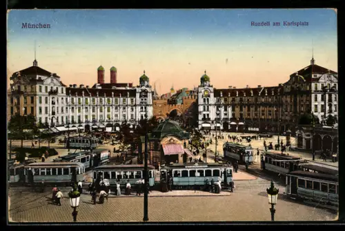 AK München, Rondell am Karlsplatz mit Strassenbahn