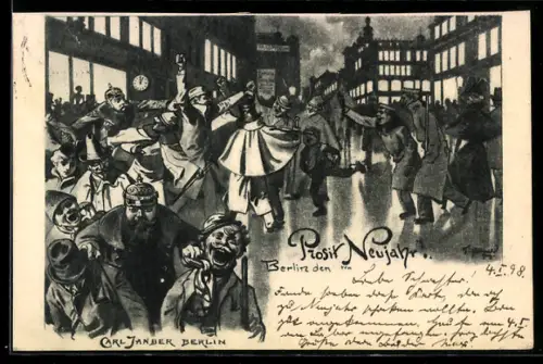 Künstler-AK Carl Jander: Prosit Neujahr, Wachmänner greifen sich laut feiernde Männer auf der Strasse
