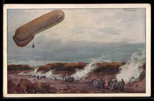 Künstler-AK Hans Rudolf Schulze: Fesselballon dirigiert deutsche Artillerie