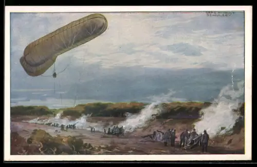 Künstler-AK Hans Rudolf Schulze: Fesselballon dirigiert deutsche Artillerie