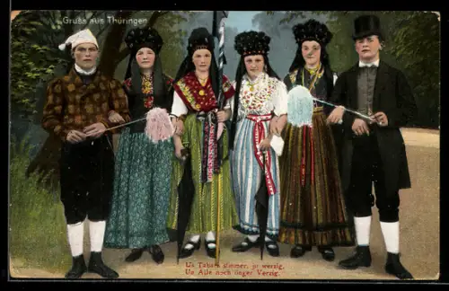 AK Us Tabarz simmer, ju werzig..., junge Paare in thüringischer Tracht