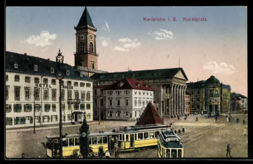 AK Karlsruhe i. B., Strassenbahnen auf dem Marktplatz, Hotel Grosse