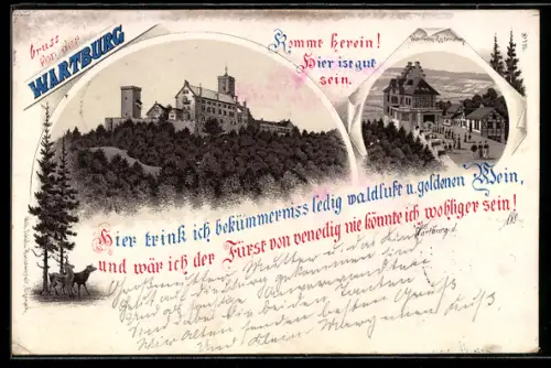 Lithographie Wartburg, Wartburg Restaurant von F. Wieprecht