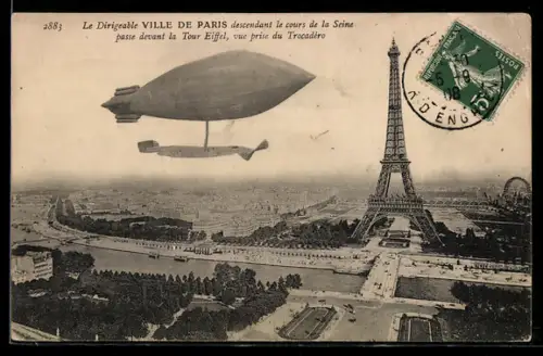 AK Paris, Le Dirigéable La Ville de Paris..., Luftschiff vor dem Eiffelturm