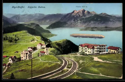 AK Rigi-Staffel, Zeppelin über dem See, Blick zum Pilatus