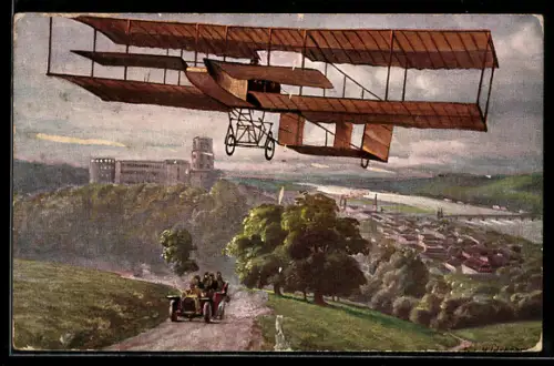 AK Henri Farmans Aeroplan in der Luft