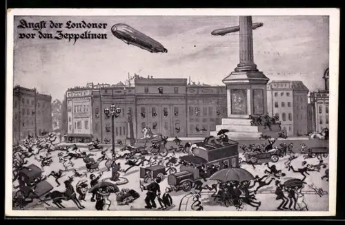 AK London, Bürger auf dem Trafalgar Square fliehen in Panik vor deutschem Zeppelin