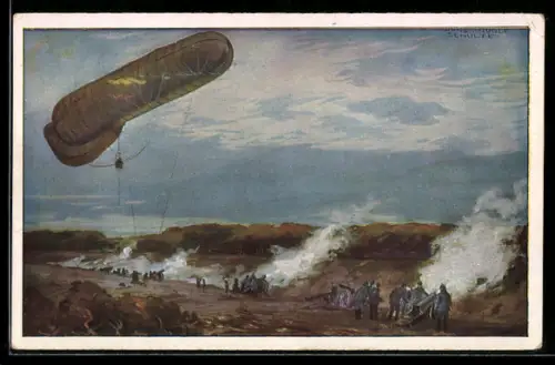 Künstler-AK Hans Rudolf Schulze: Fesselballon dirigiert deutsche Artillerie