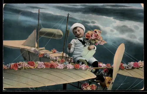 AK Srdecne Práni K Jmeninám, Knabe mit Blumen in Flugzeug