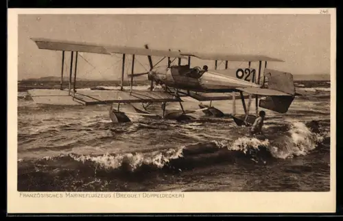 AK Französisches Marineflugzeug, Breguet Doppeldecker, Wasserflugzeug