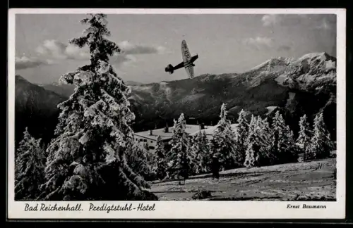 AK Bad Reichenhall, Teilansicht auf das Predigtstuhl-Hotel, Flugzeug, Tannen, im Winter