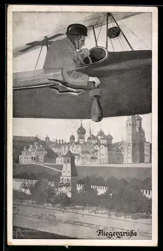 Künstler-AK Fliegergrüsse, Bombenabwurf, Propaganda