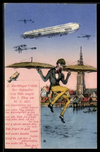 Künstler-AK Ulm, Schneider von Ulm, Zeppelin u. Flugzeuge vor der Stadt