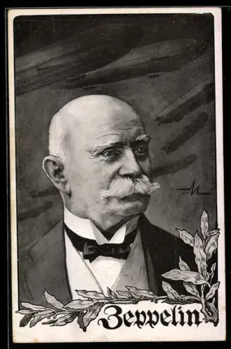 AK Portrait Graf von Zeppelin und seine Luftschiffe über ihm