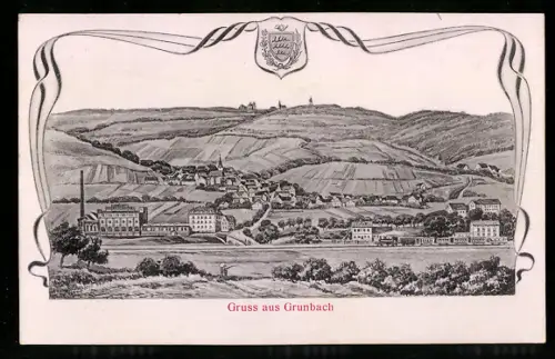 Relief-AK Grunbach /Schorndorf, Gesamtansicht mit Fabrik u. Feldern, Eisenbahn, Wappen