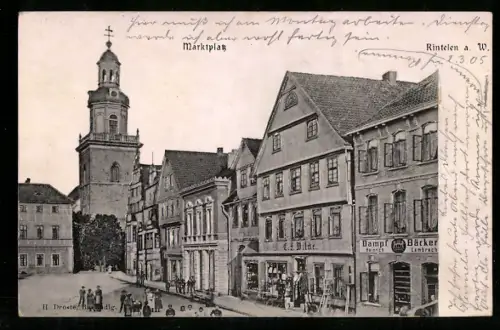 Relief-AK Rinteln a. W., Marktplatz mit Bäcker Lambrach, Turmgebäude, Kindergruppe