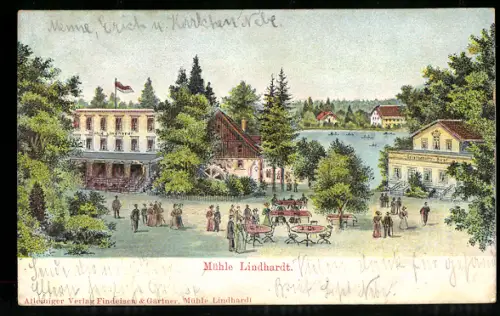 Relief-AK Naunhof /Leipzig, Gasthof Mühle Lindhardt mit Garten und Wasserblick