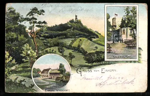 Relief-AK Einkorn, Ruine mit Landschaft, Gasthaus Einkorn, König-Karl-Turm
