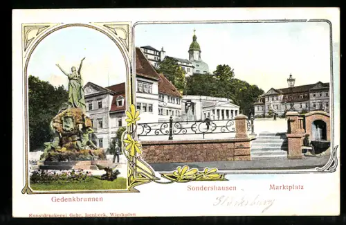 Relief-AK Sondershausen, Gedenkbrunnen, Marktplatz mit Treppenzugang