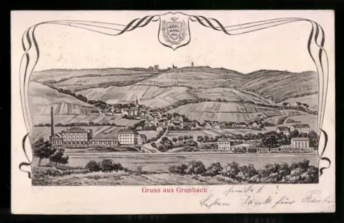 Relief-AK Grunbach /Schorndorf, Ortsansicht mit Fabrik und Eisenbahn, Wappen