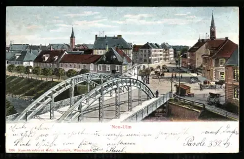 Relief-AK Neu-Ulm, Brücke mit Strasse u. Ortsansicht aus der Vogelschau